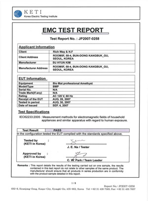 picture of certificate of electro magnetic field test on Richway Biomat Professional